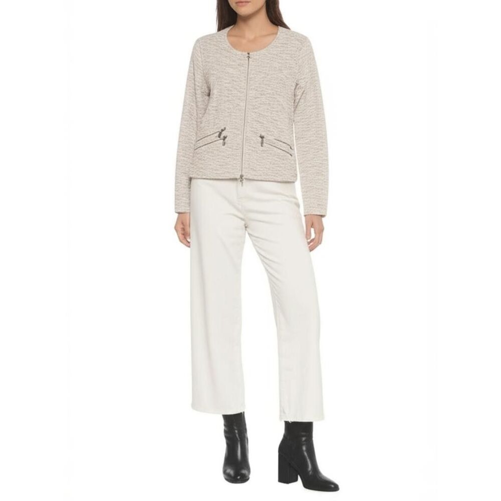 Lou & Grey Women Beige Metallic Textured Knit Zip Front Lightweight Jacket Large